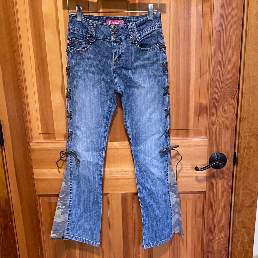 Rewind Girls Vintage Flare Jeans with Camo Accent and Leather Lace-Up Sides